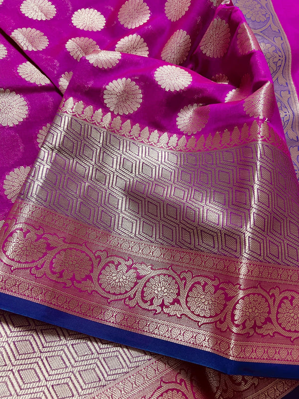 Purplish Pink Color Soft Banarasi Silk Handwoven Saree with Wide Border