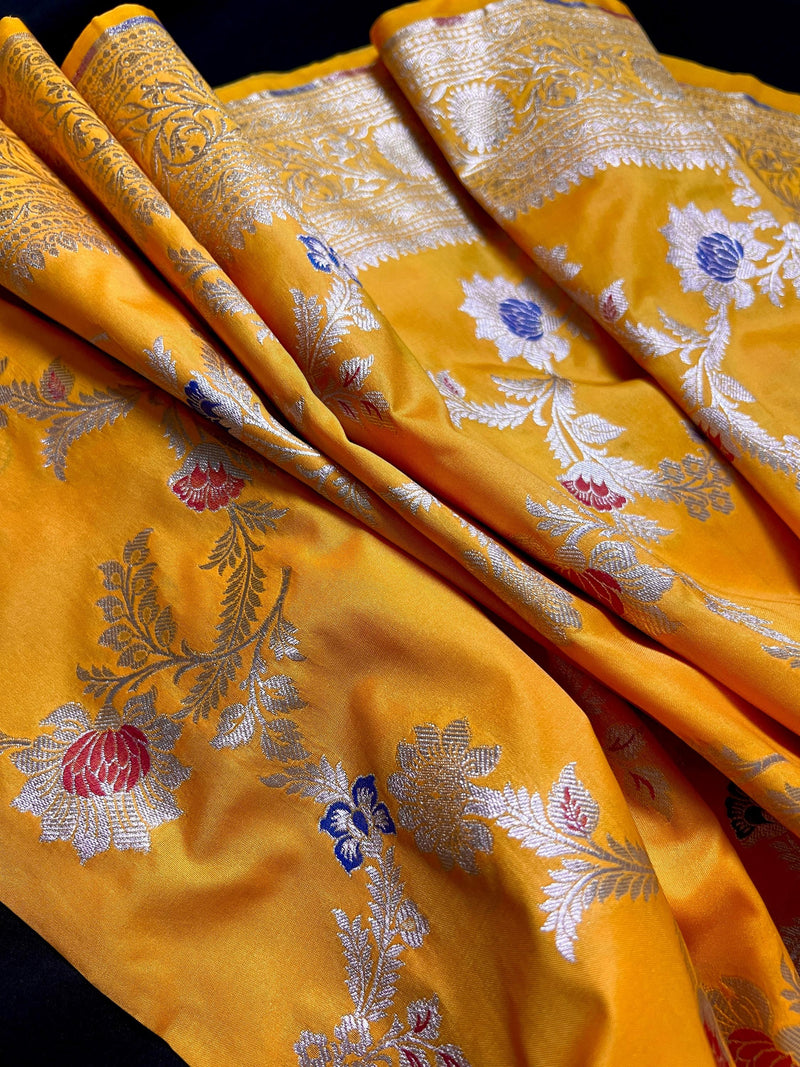 Statement Mango Yellow Saree with Jaal Weave Banarasi Butter Soft Silk in Gold Muted Zari with Floral Design with Meenakari