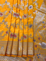 Statement Mango Yellow Saree with Jaal Weave Banarasi Butter Soft Silk in Gold Muted Zari with Floral Design with Meenakari