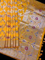 Statement Mango Yellow Saree with Jaal Weave Banarasi Butter Soft Silk in Gold Muted Zari with Floral Design with Meenakari