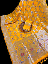 Statement Mango Yellow Saree with Jaal Weave Banarasi Butter Soft Silk in Gold Muted Zari with Floral Design with Meenakari