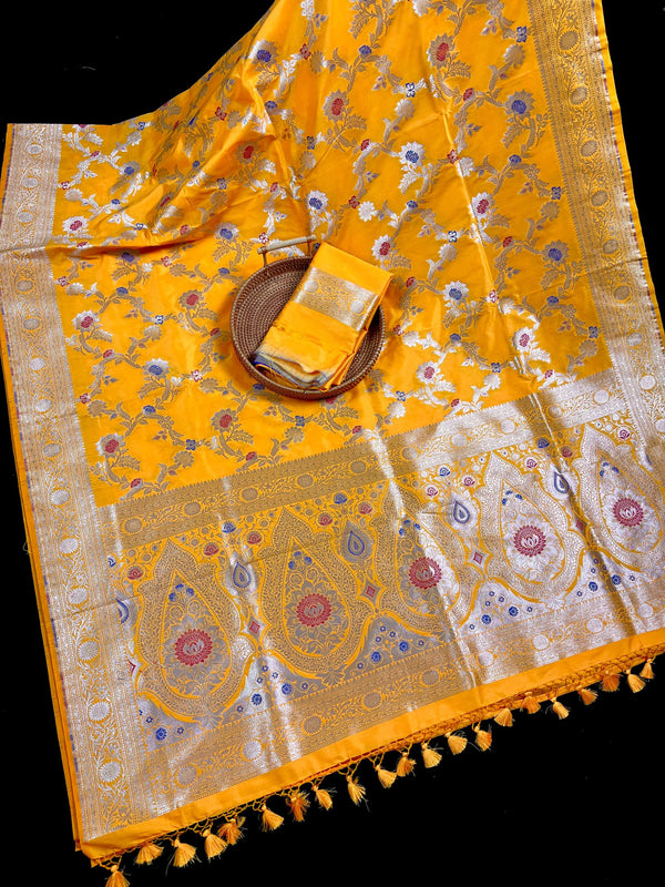 Statement Mango Yellow Saree with Jaal Weave Banarasi Butter Soft Silk in Gold Muted Zari with Floral Design with Meenakari