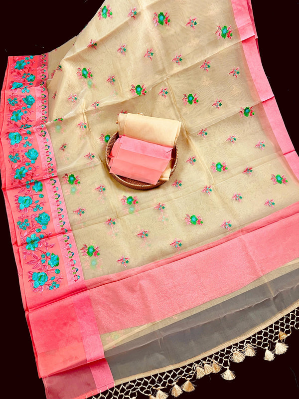 Beige with Peach borders Banarasi Kora Saree with Floral Embroidery - Pastel Color Kora Sarees - Rose Flower Saree