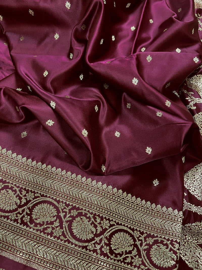 Wine Color Mashru Silk Handloom Saree with Gold Zari Weave - Banarasi Mashru Silk Saree