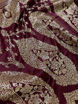 Wine Color Mashru Silk Handloom Saree with Gold Zari Weave - Banarasi Mashru Silk Saree