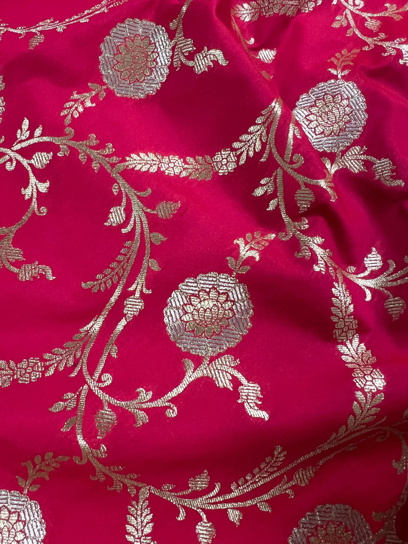 Hot Pink Color Semi Pure Mashru Silk Handloom Saree with Gold and Sliver Zari Weave - Banarasi Mashru Silk Saree