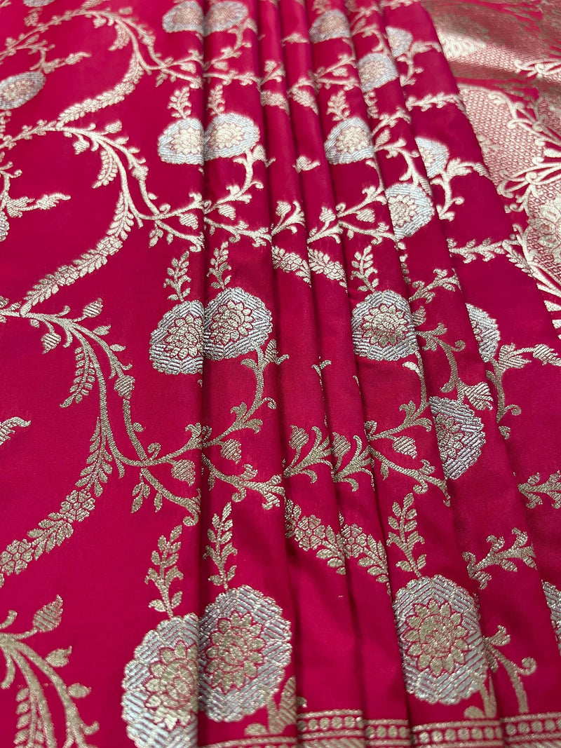 Hot Pink Color Semi Pure Mashru Silk Handloom Saree with Gold and Sliver Zari Weave - Banarasi Mashru Silk Saree