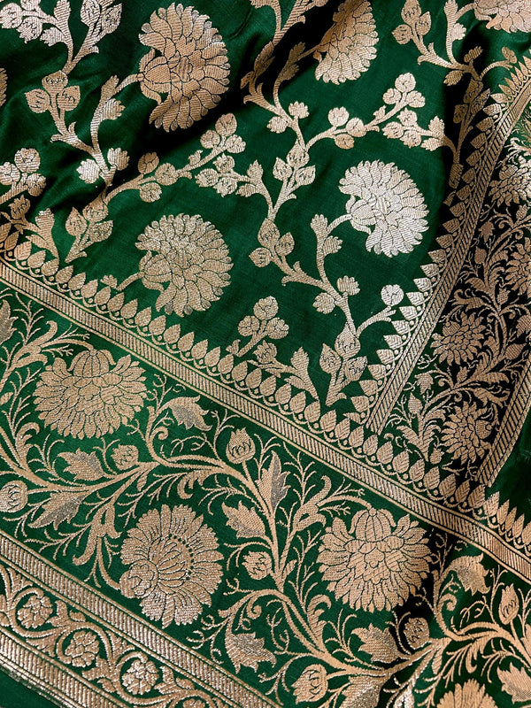 Bottle Green Traditional Banarasi Silk Saree with Muted Gold Zari Weave