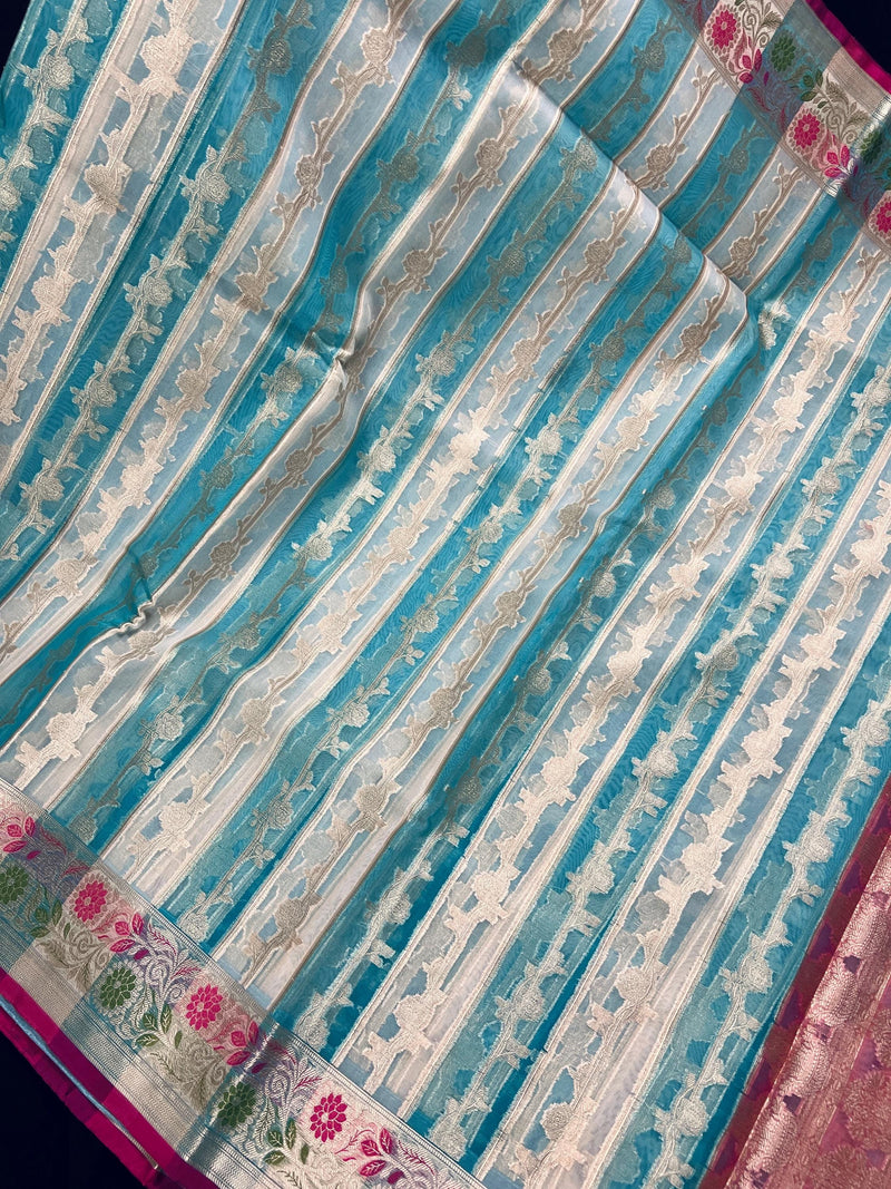 Handmade Pastel Sea Blue Color Organza Silk Saree Saree with Muted Gold Zari with Floral Border | Banarasi Light Weight Soft Saree