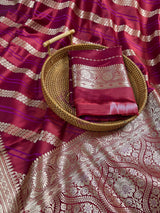 Wine Color Mashru Silk Handloom Saree with Purple Stripes Gold Zari Weave - Banarasi Mashru Silk Saree