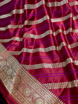 Wine Color Mashru Silk Handloom Saree with Purple Stripes Gold Zari Weave - Banarasi Mashru Silk Saree