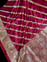 Wine Color Mashru Silk Handloom Saree with Purple Stripes Gold Zari Weave - Banarasi Mashru Silk Saree