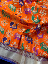 Orange and Blue Color Traditional Banarasi Handloom Soft Silk Saree - Elephant and Peacock Motifs with Meenakari - Temple Border