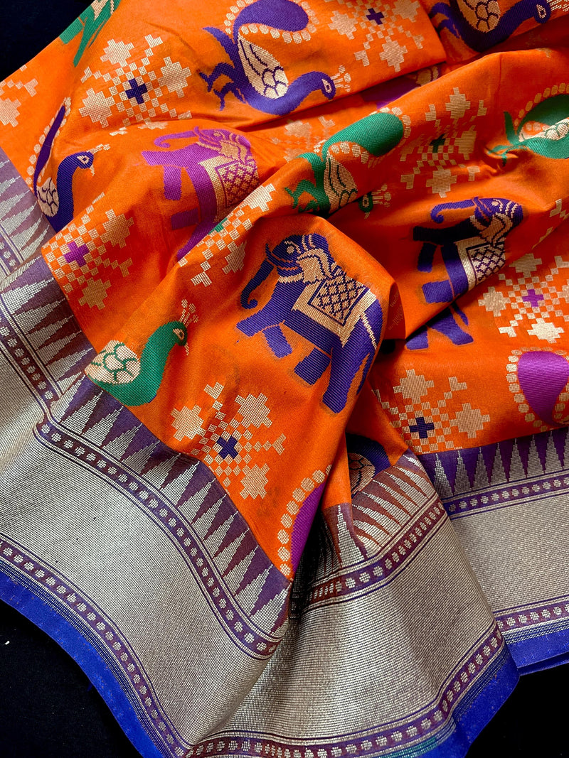 Orange and Blue Color Traditional Banarasi Handloom Soft Silk Saree - Elephant and Peacock Motifs with Meenakari - Temple Border