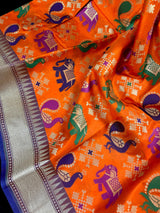 Orange and Blue Color Traditional Banarasi Handloom Soft Silk Saree - Elephant and Peacock Motifs with Meenakari - Temple Border