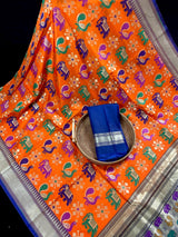 Orange and Blue Color Traditional Banarasi Handloom Soft Silk Saree - Elephant and Peacock Motifs with Meenakari - Temple Border