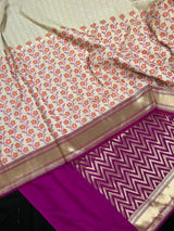 Statement Pearl White with Purple Half and Half Saree - Traditional Banarasi Soft Silk Handloom Saree - Gold Zari Weave and Meenakari