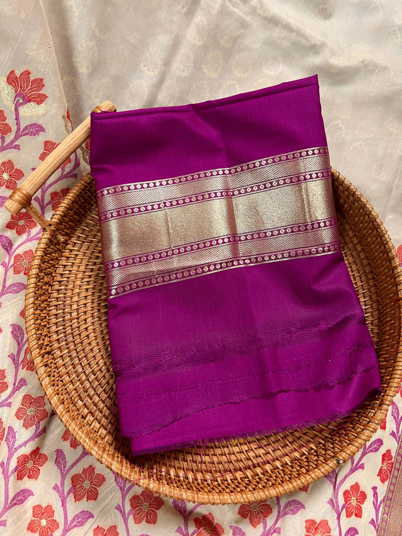 Statement Pearl White with Purple Half and Half Saree - Traditional Banarasi Soft Silk Handloom Saree - Gold Zari Weave and Meenakari