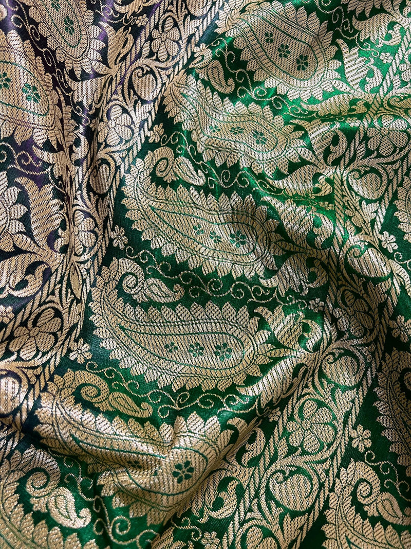 Statement Purple with Green Borders Banarasi Tanchoi Silk Handloom Saree | Zari Weaving with Motifs