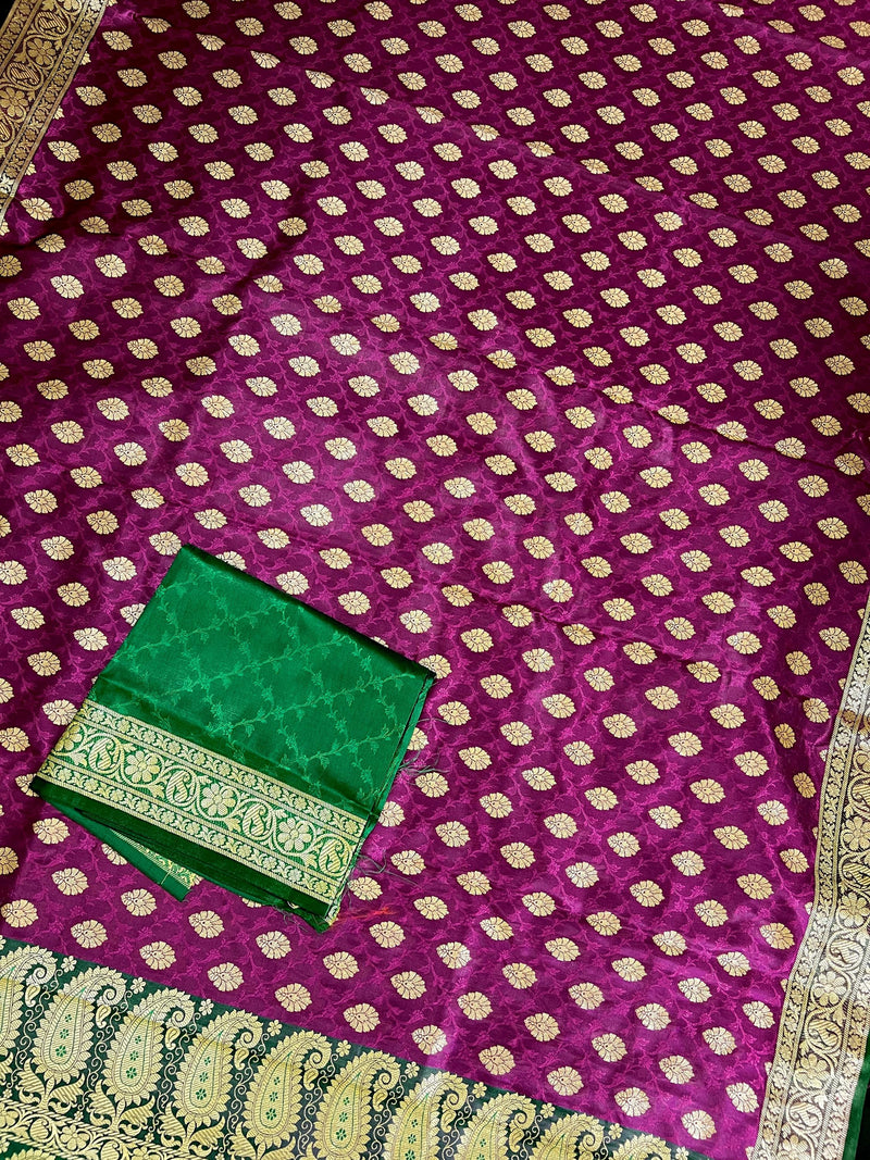 Statement Purple with Green Borders Banarasi Tanchoi Silk Handloom Saree | Zari Weaving with Motifs