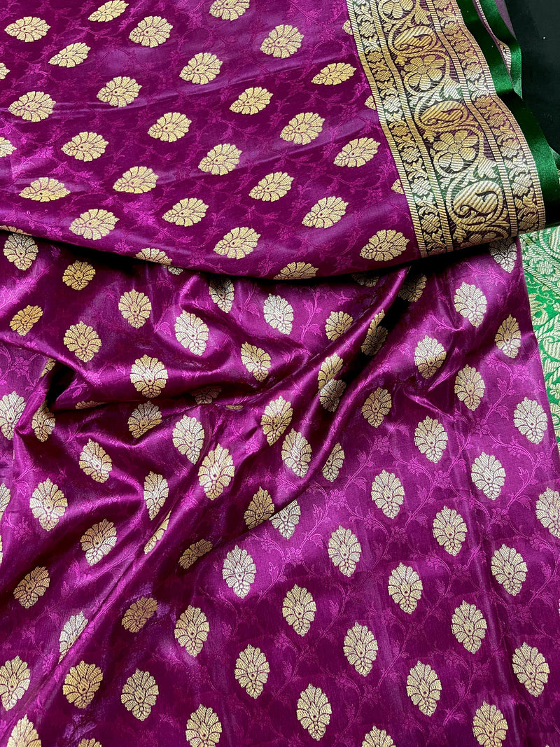 Statement Purple with Green Borders Banarasi Tanchoi Silk Handloom Saree | Zari Weaving with Motifs