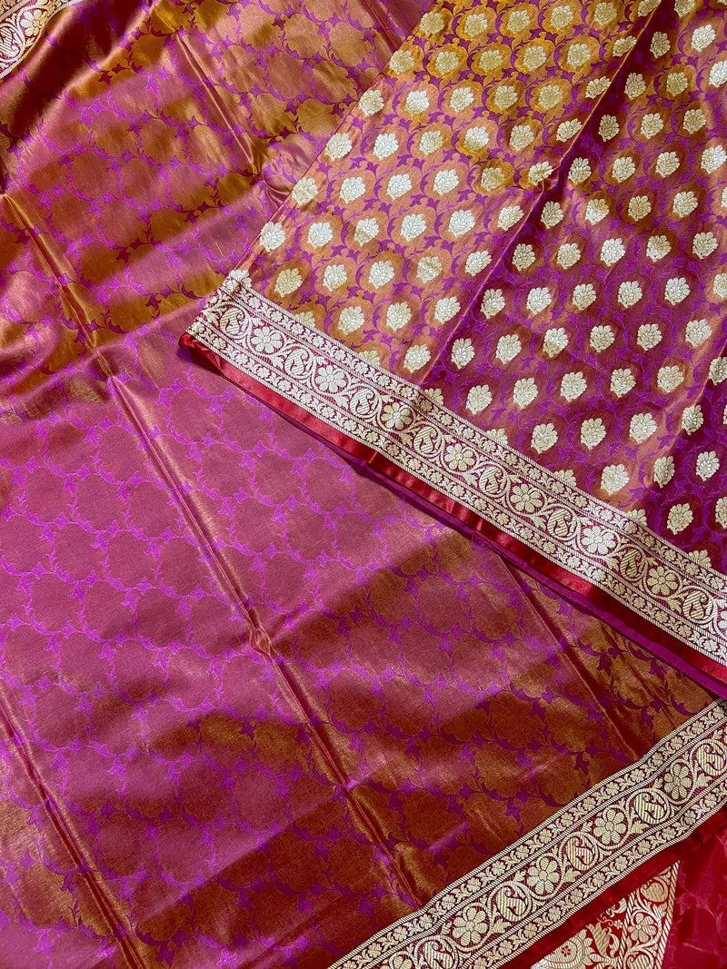 Statement Copper Pink Dual Shade with Red borders Banarasi Tanchoi Silk Handloom Saree | Zari Weaving with Motifs