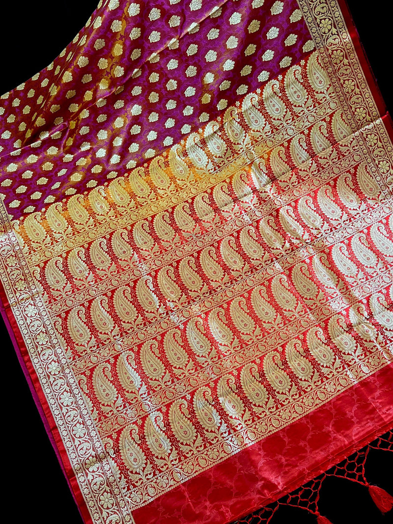 Statement Copper Pink Dual Shade with Red borders Banarasi Tanchoi Silk Handloom Saree | Zari Weaving with Motifs