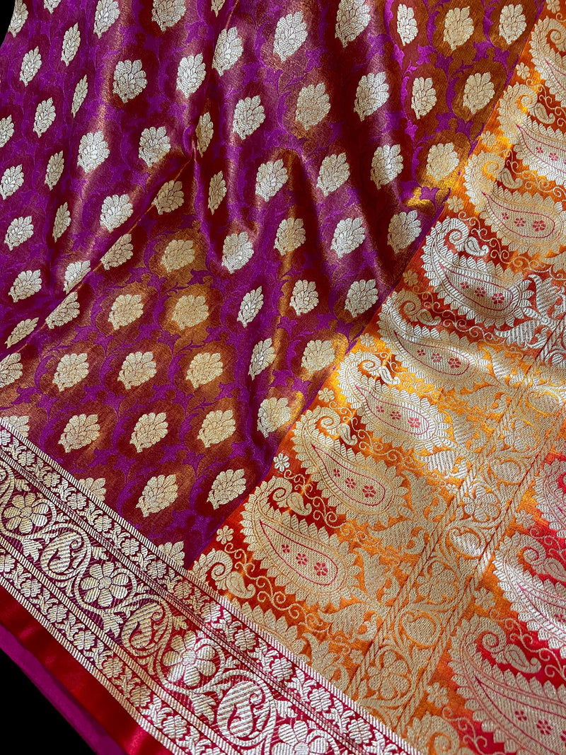 Statement Copper Pink Dual Shade with Red borders Banarasi Tanchoi Silk Handloom Saree | Zari Weaving with Motifs