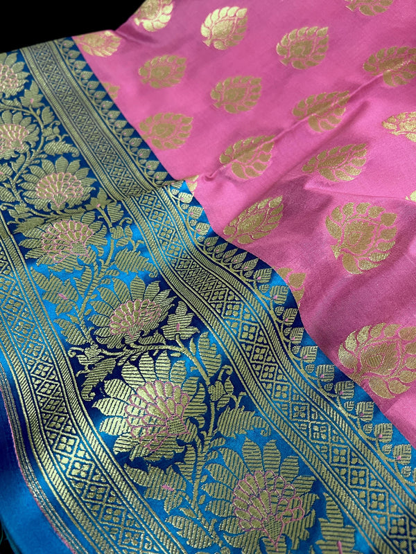 Rose Pink with Hot Sky Blue Traditional Banarasi Handloom Saree - Banarasi Silk Saree - Satin Patta Border