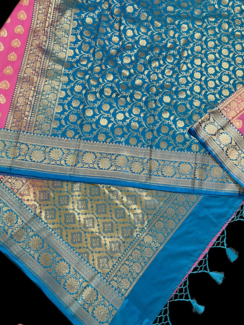 Rose Pink with Hot Sky Blue Traditional Banarasi Handloom Saree - Banarasi Silk Saree - Satin Patta Border