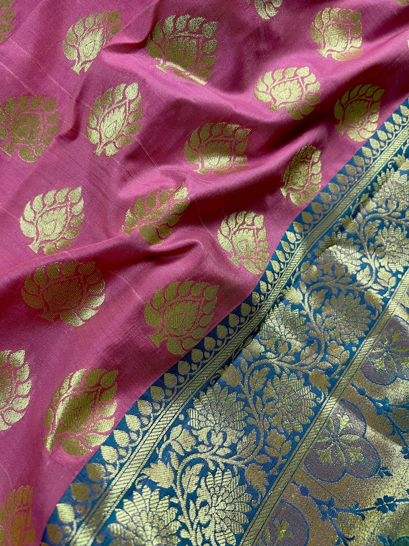 Rose Pink with Hot Sky Blue Traditional Banarasi Handloom Saree - Banarasi Silk Saree - Satin Patta Border