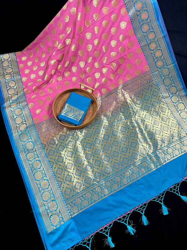 Rose Pink with Hot Sky Blue Traditional Banarasi Handloom Saree - Banarasi Silk Saree - Satin Patta Border