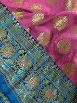 Rose Pink with Hot Sky Blue Traditional Banarasi Handloom Saree - Banarasi Silk Saree - Satin Patta Border