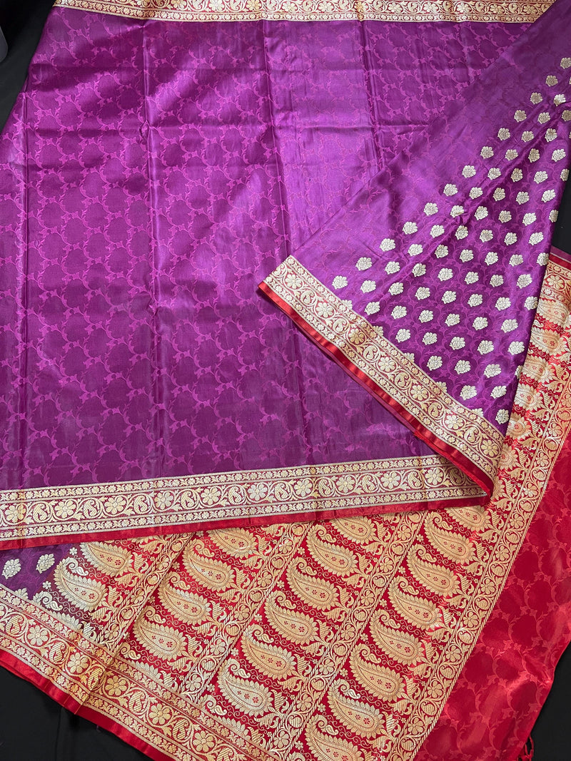 Statement Purple with Red Banarasi Tanchoi Silk Handloom Saree | Zari Weaving with Motifs