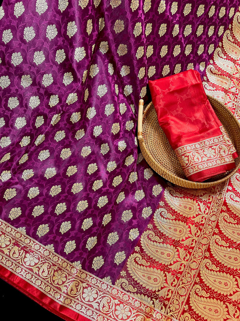 Statement Purple with Red Banarasi Tanchoi Silk Handloom Saree | Zari Weaving with Motifs