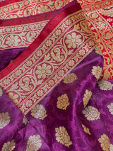 Statement Purple with Red Banarasi Tanchoi Silk Handloom Saree | Zari Weaving with Motifs