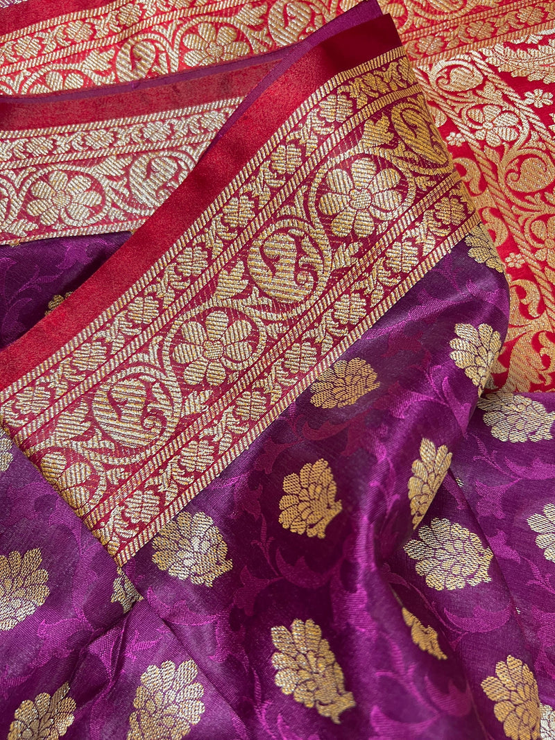 Statement Purple with Red Banarasi Tanchoi Silk Handloom Saree | Zari Weaving with Motifs