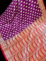 Statement Purple with Red Banarasi Tanchoi Silk Handloom Saree | Zari Weaving with Motifs