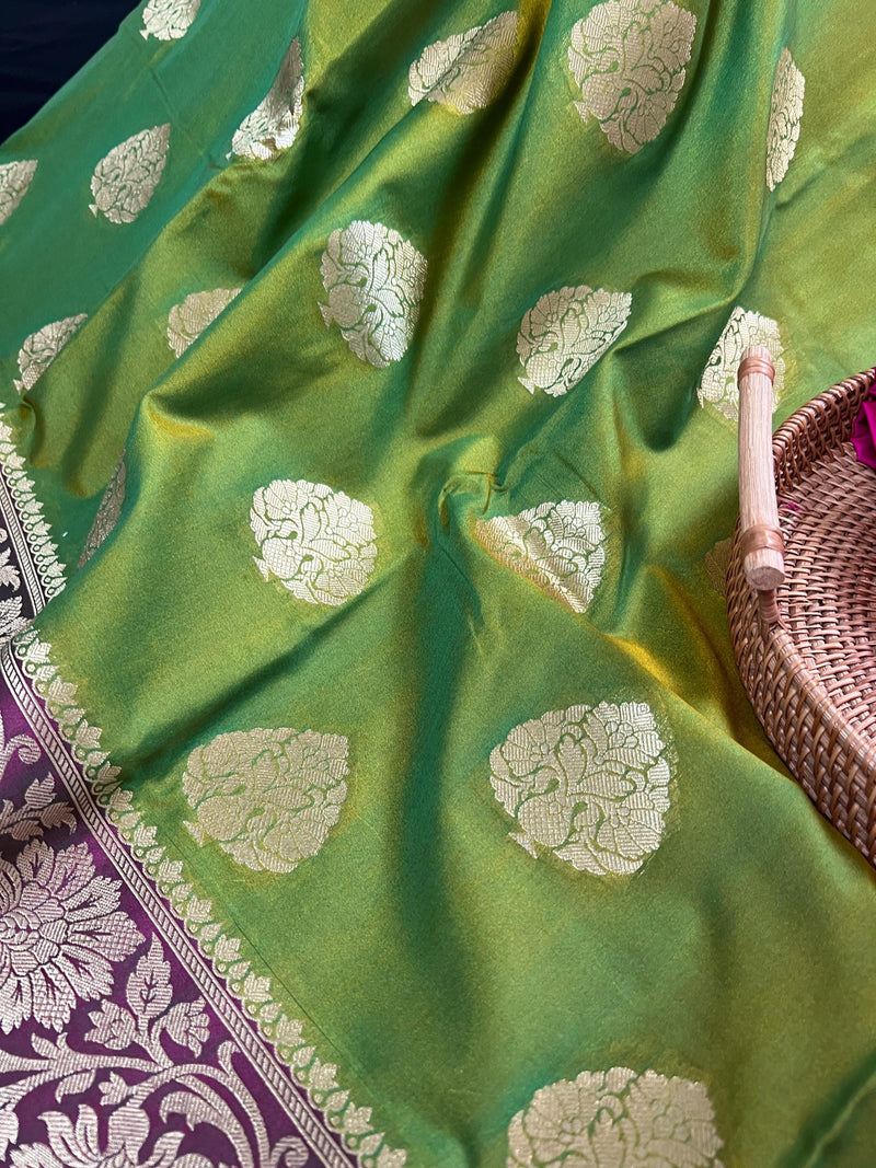 Dual Tone of Mehndi Green Banarasi Butter Soft Silk with Hot Pink Pallu - Wide Border