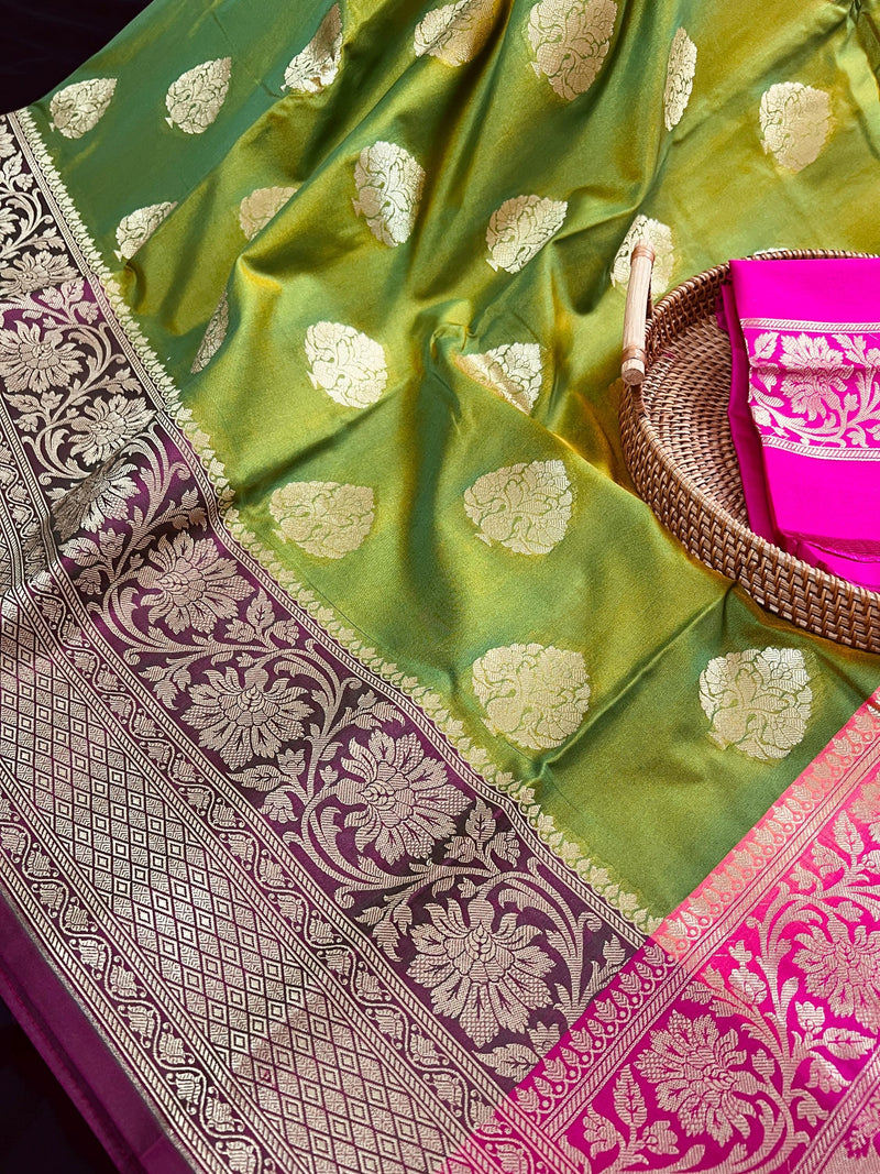 Dual Tone of Mehndi Green Banarasi Butter Soft Silk with Hot Pink Pallu - Wide Border