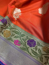 Orange Color Traditional Handloom Banarasi Saree with Floral Buttas  | Paithani Style Border | Meenakari Flowers