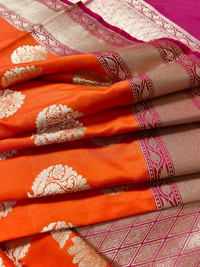 Orange with Pink  Traditional Handloom Banarasi Saree with Satin Border