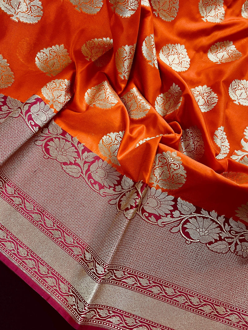 Orange with Pink  Traditional Handloom Banarasi Saree with Satin Border