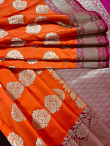 Orange with Pink  Traditional Handloom Banarasi Saree with Satin Border