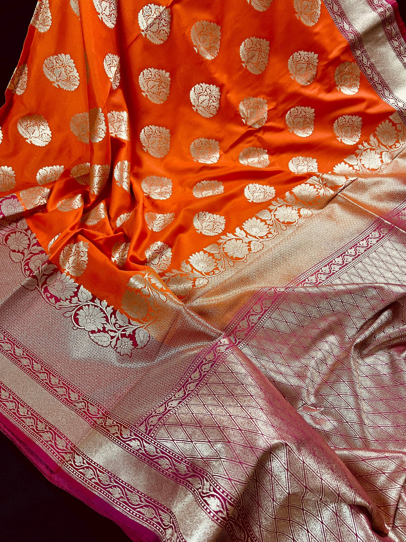 Orange with Pink  Traditional Handloom Banarasi Saree with Satin Border