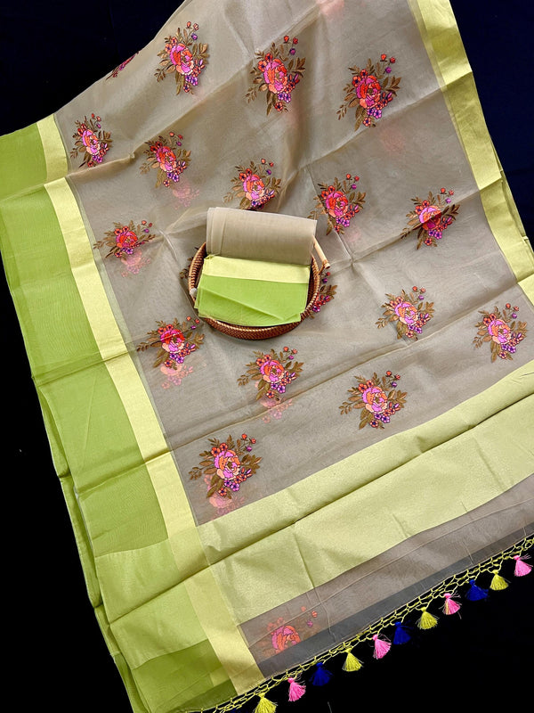 Patel Light Green Color with two shades of Lime color Borders Banarasi Kora Saree with Floral Embroidery Bunch Work