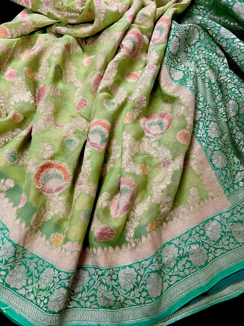 Pastel Green and Sea Green Color Pure Khaddi Georgette Banarasi Silk Saree | Floral Meenakari Jaal Silk Sari  | SILK MARK CERTIFIED