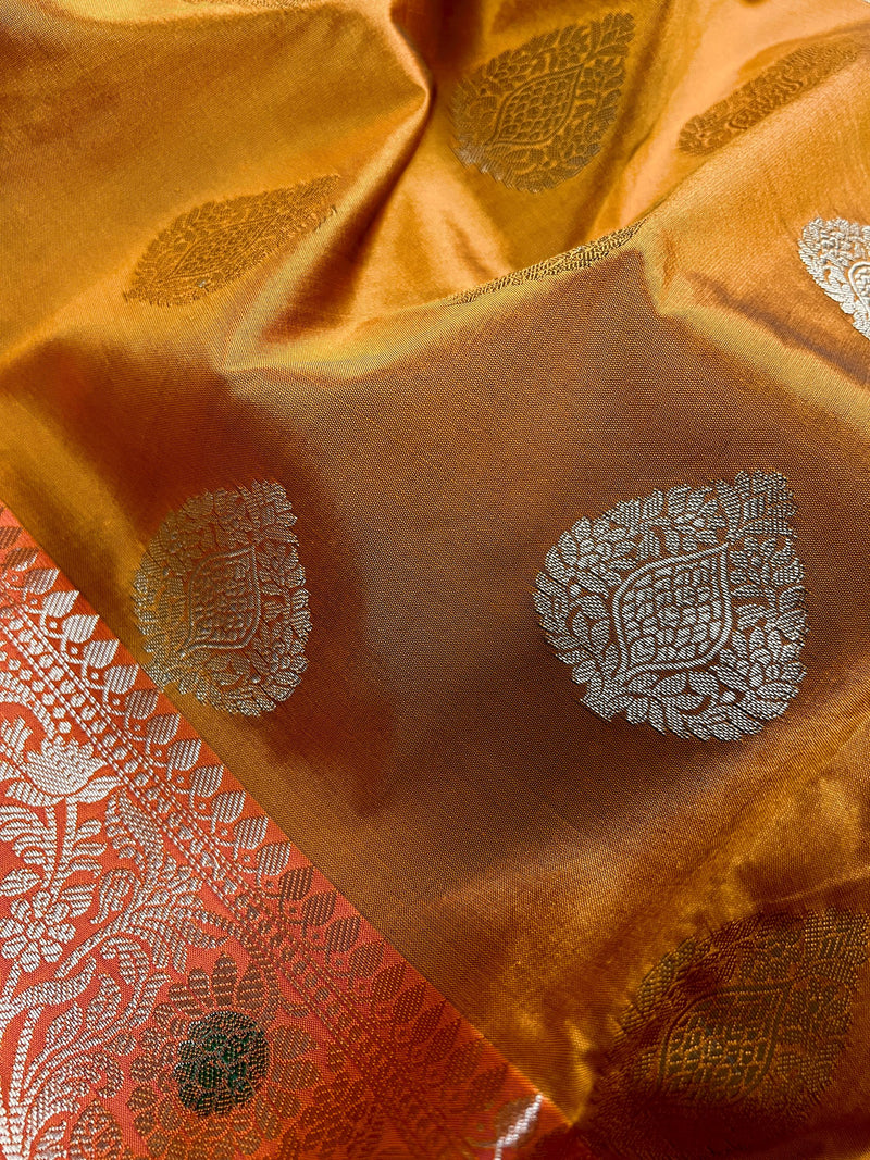 Statement Handmade Antique Gold Color Banarasi Semi Katan Silk Saree