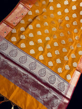 Statement Handmade Antique Gold Color Banarasi Semi Katan Silk Saree