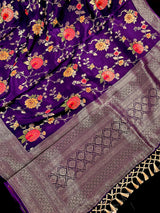 Statement Floral Jaal Saree in Purple Color in Pure Satin Silk  - Handwoven Saree = Silk Mark Certified